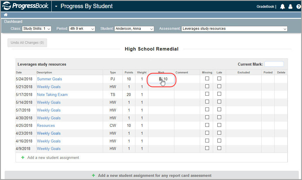 Enter Individual Student Assignment Marks On Progress By Student Screen