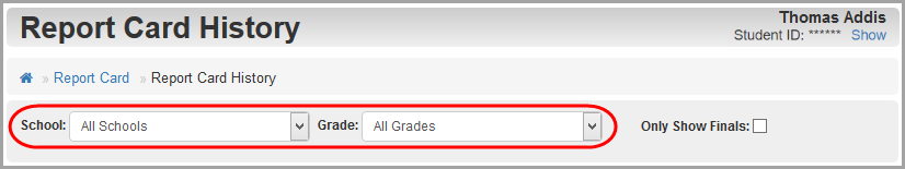 Report Card History: select school and grade level from drop-down lists