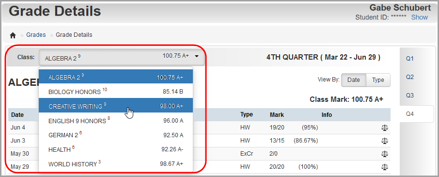 Grade Details screen: select a class