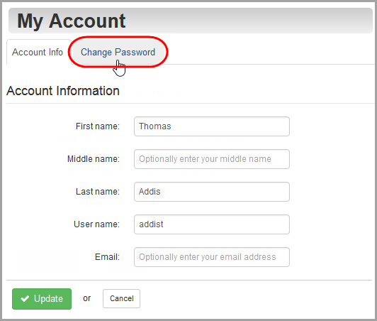 My Account screen: click Change Password tab