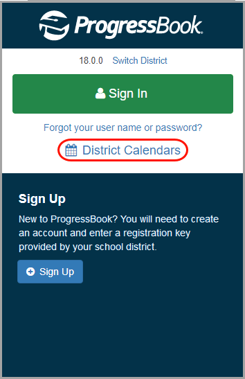 Sign In screen: click District Calendars