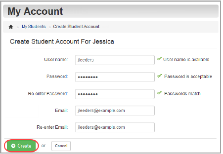 My Account screen: create student account