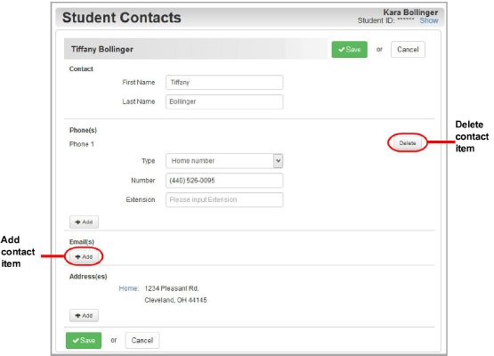 Student Contacts screen w/ individual contact selected: Add and Delete buttons circled