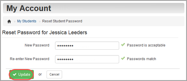 My Account: Reset Student Password