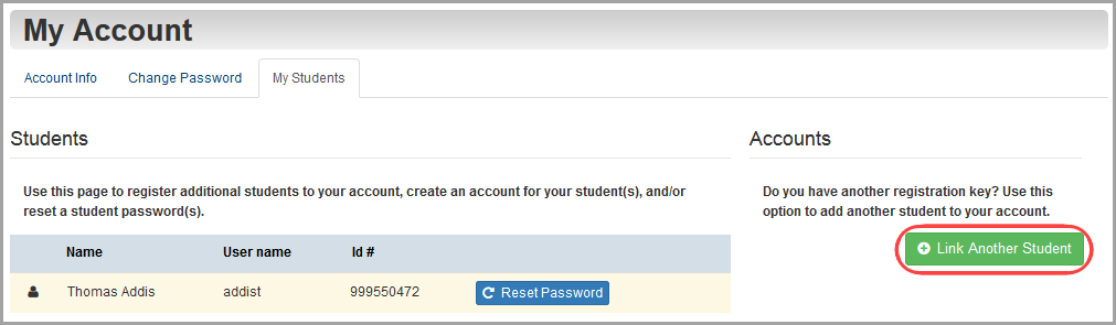 My Account screen: click Link Another Student