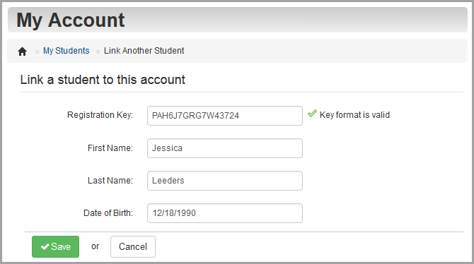 My Account screen: Link a student to this account area