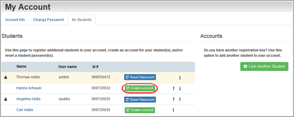My Account screen: click Create Account for student