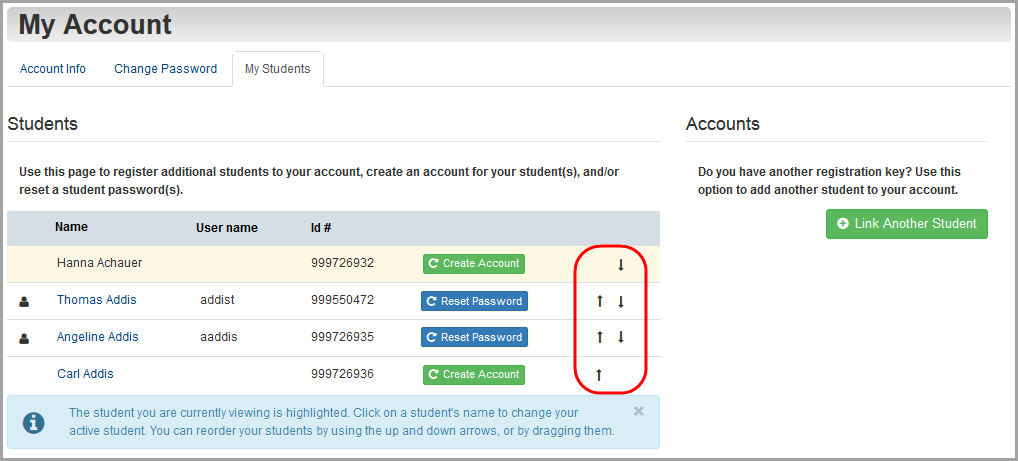 My Account screen Students tab: arrow icons circled