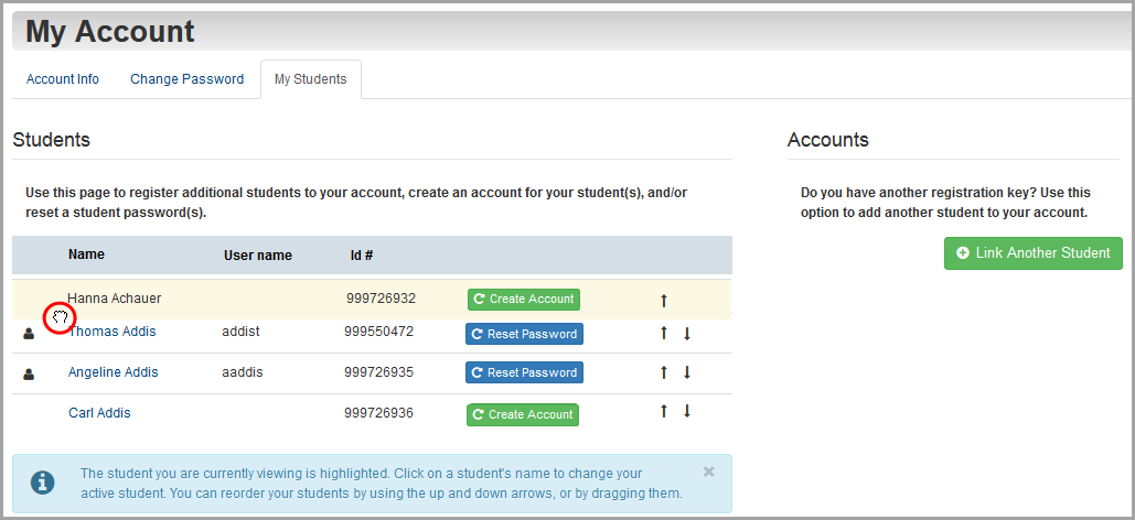My Account screen Students tab: drag and drop students