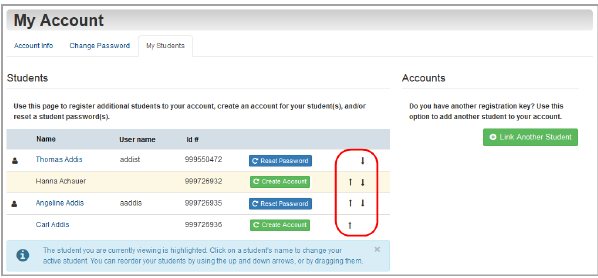 My Account screen Students tab