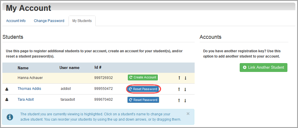 My Account screen: click Reset Password for student