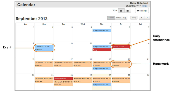 Calendar with events, daily attendance, and homework