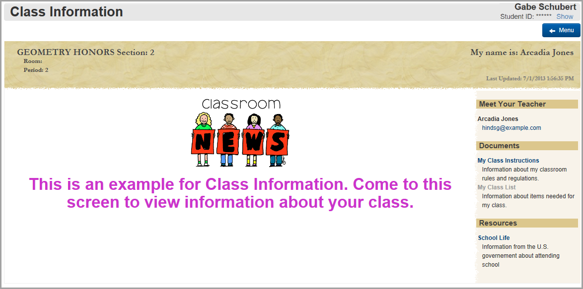 Class Information screen example