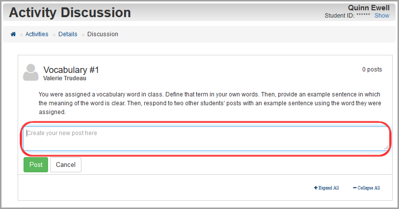 Discussion screen: Create your new post here text box
