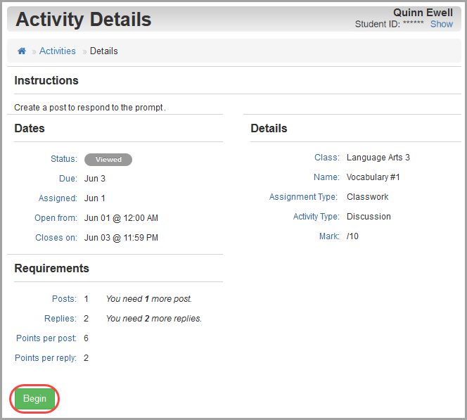 Activity Details screen: click Begin