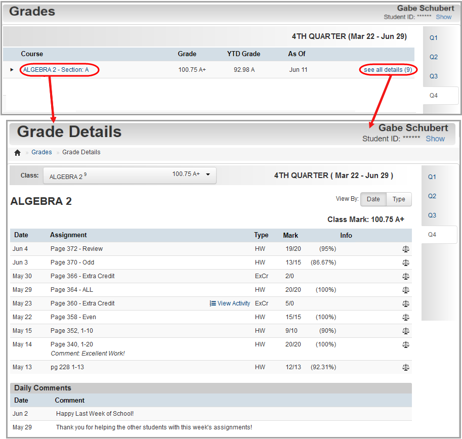 Grades screen: click see all details