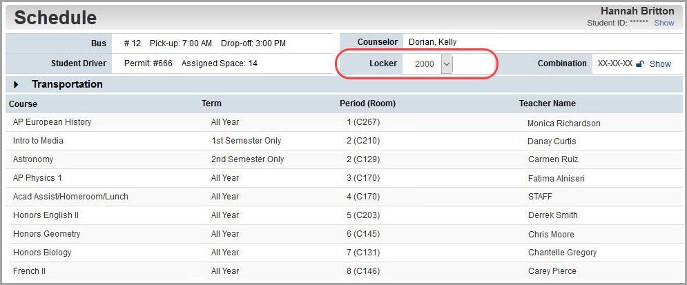 Schedule screen: Locker drop-down list