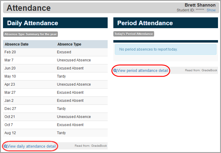 Attendance screen: click view detail links