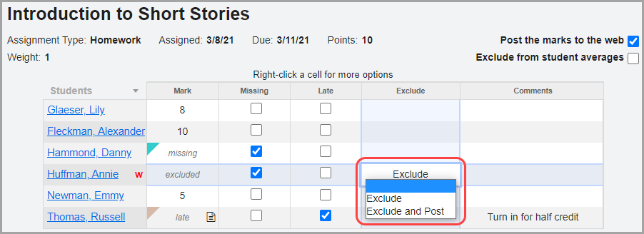 assignment marks entry