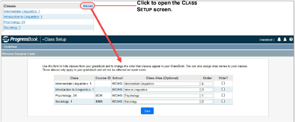 click Edit List ot open the Class Setup screen