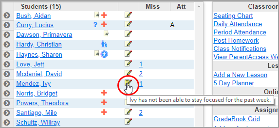 class roster on Class Dashboard with written-on notepad icon circled