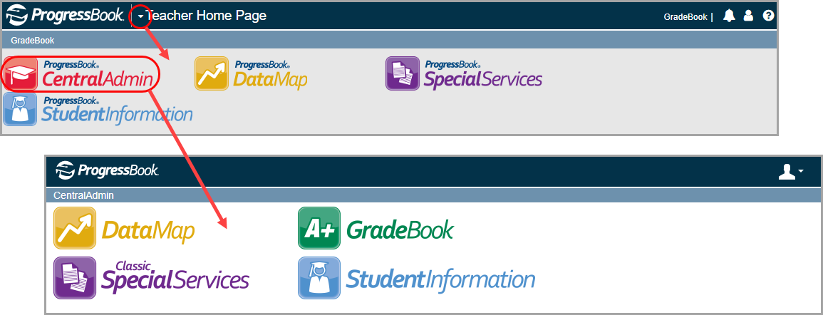 screen displaying clicked drop-down arrow that displays links to all ProgressBook applications to which you have access