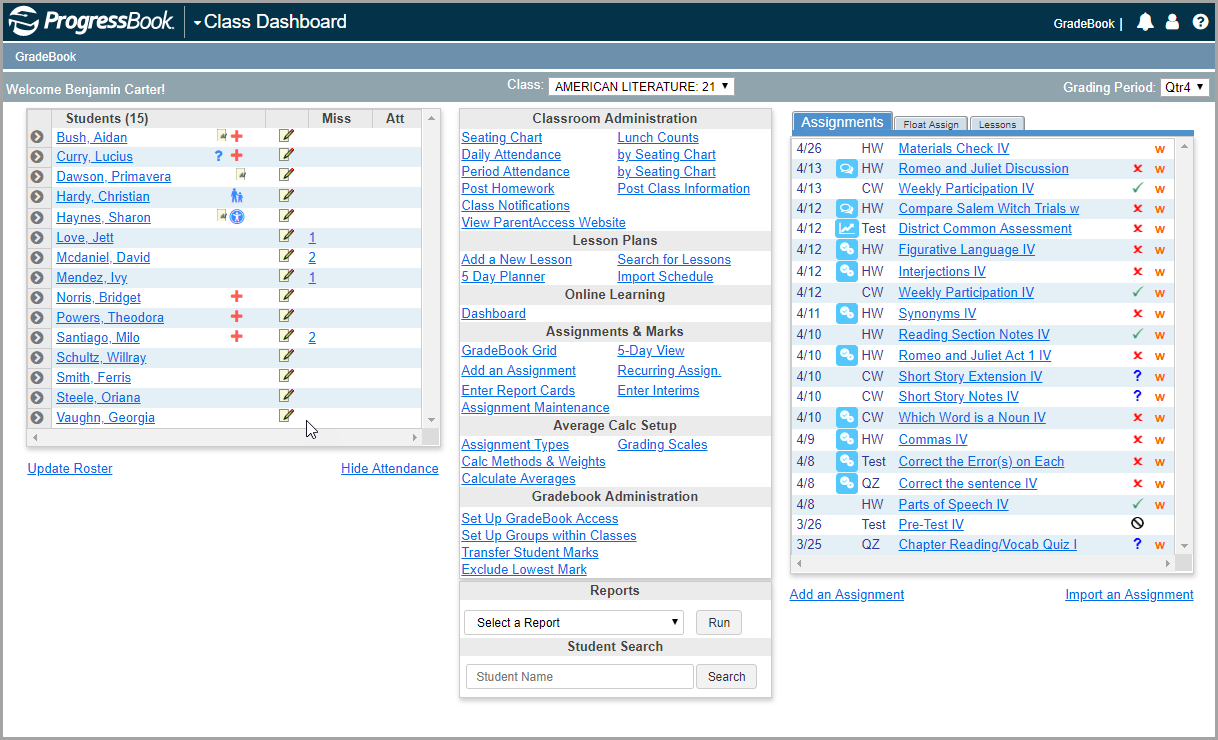 Class Dashboard screen