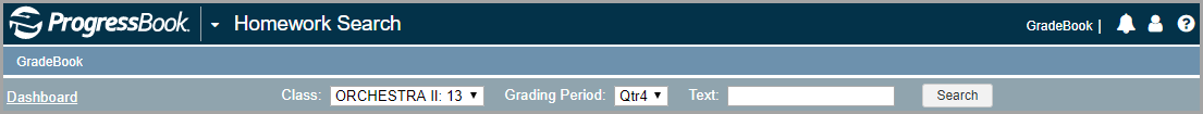 Homework Search screen header with Dashboard link circled on left