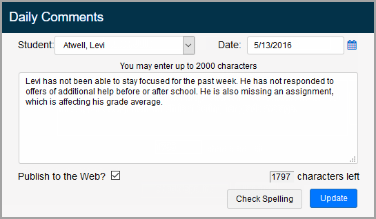 Daily Comments window with comment about student