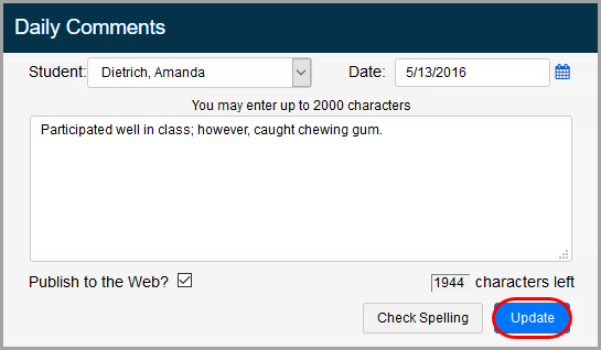 Daily Comments window with Update button circled