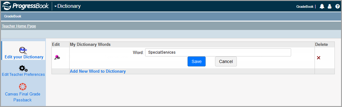 Dictionary screen with SpecialServices displaying in terms list