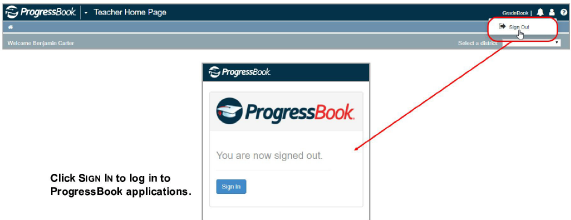 screen displaying how to sign out and sign in to ProgressBook