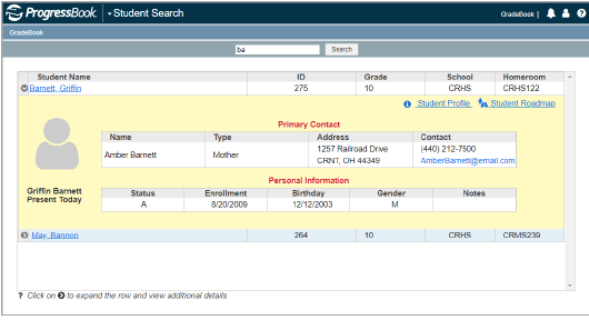 Student Search screen displaying alphabetized search results