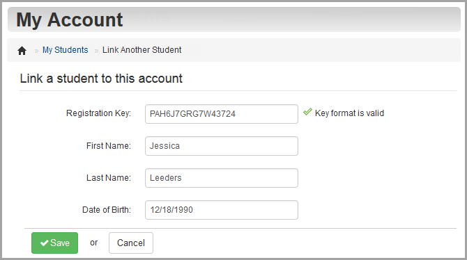 My Account screen: link a student to this account area