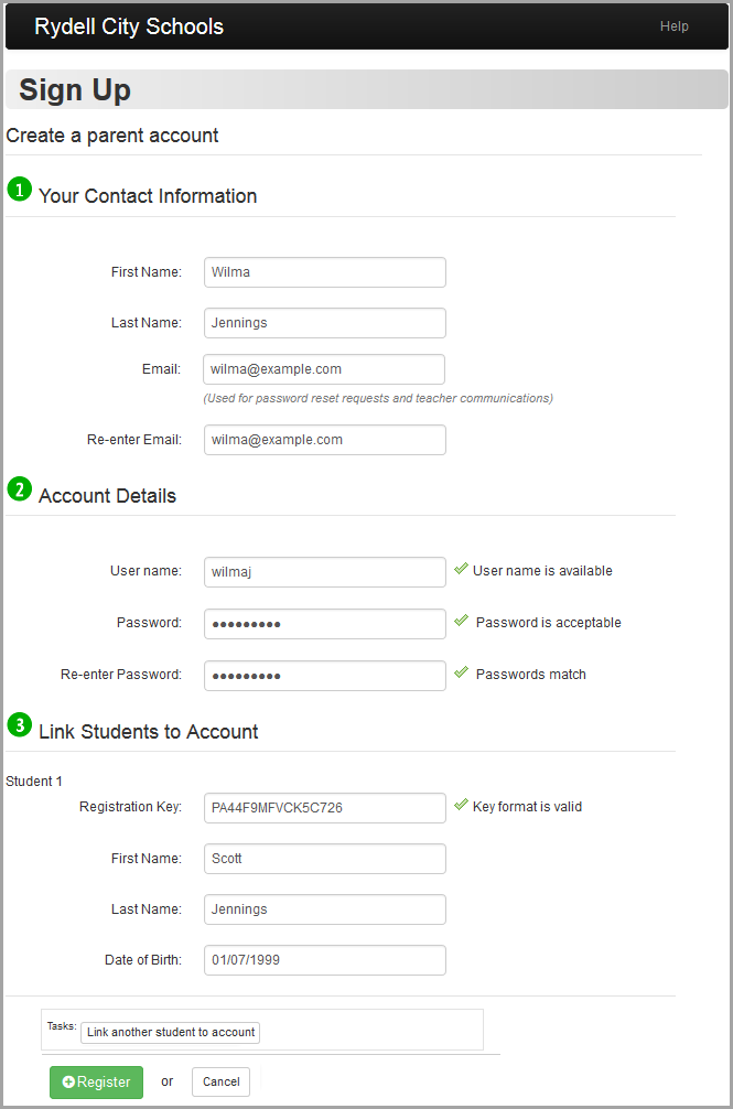 Sign Up screen for parents