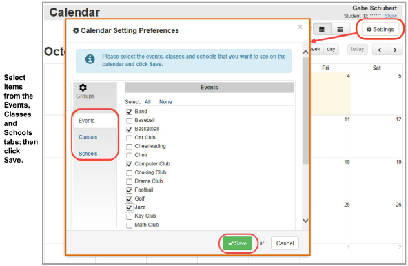 Calendar screen: Settings