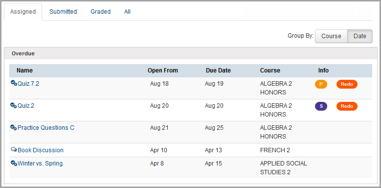 Activities screen grouped by date