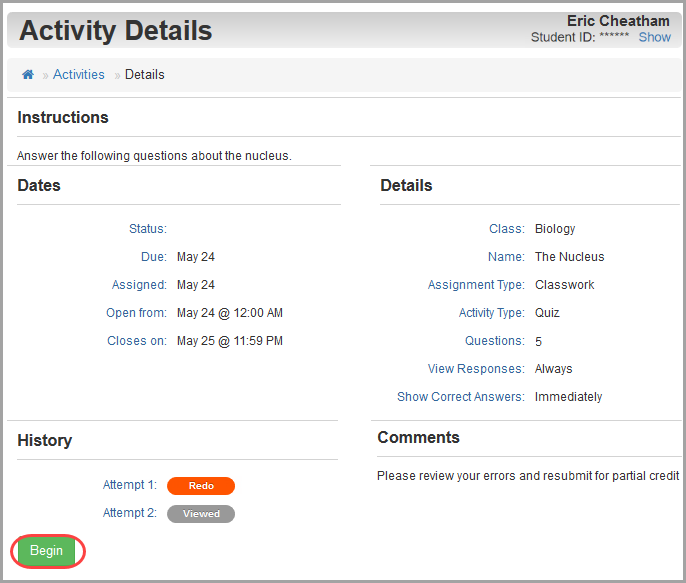 Activity Details screen: click Begin