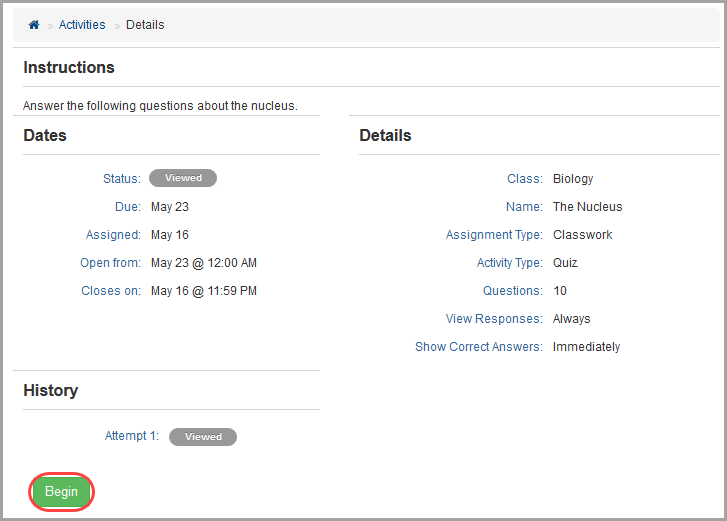 Activity Details screen: click Begin