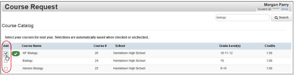 Course Request screen: select check boxes to add courses