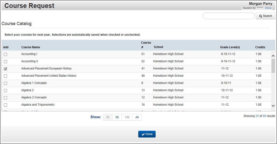 Course Request screen