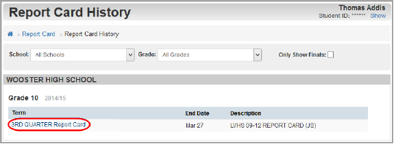 Report Card History: click link in Term column