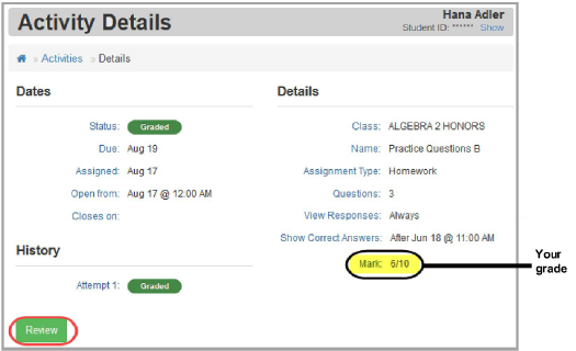 Activity Details: view mark and click Review