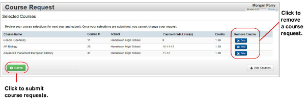 Course Request screen: click Submit or click Drop