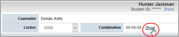 Schedule screen: click Show to view locker combination