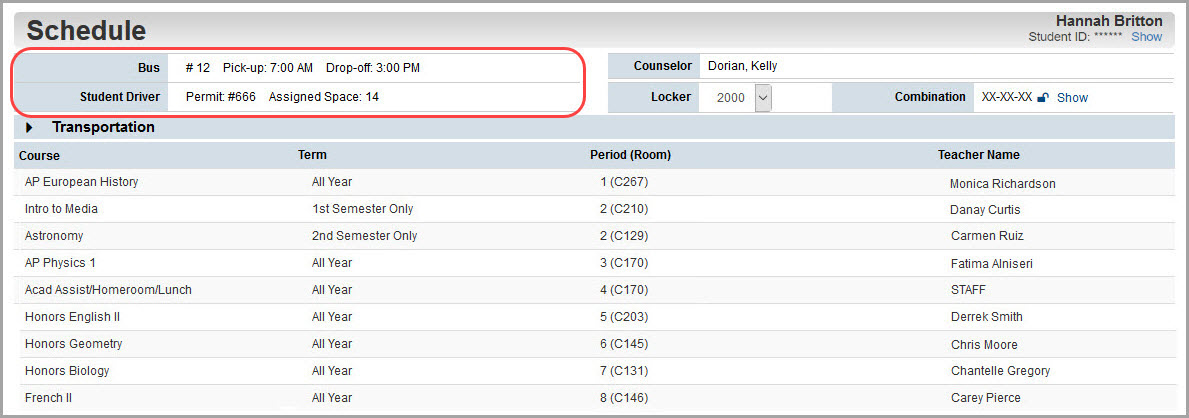 Schedule screen: transportation info