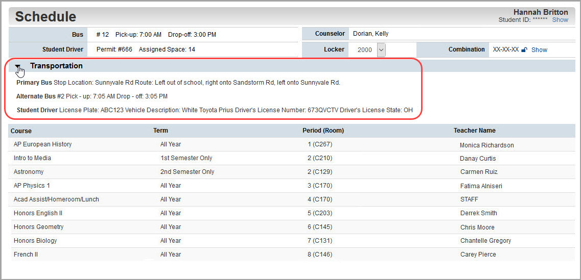 Schedule screen: additional transportation information