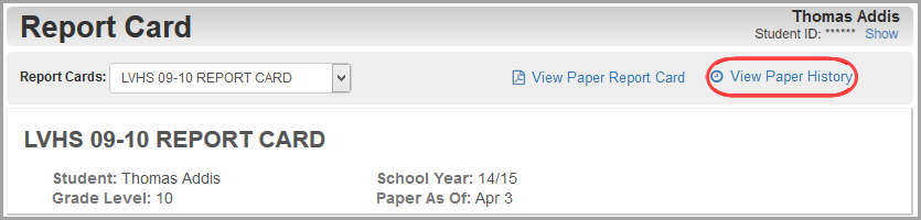 Report Card screen: click View Paper History