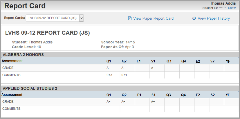 Report Card screen